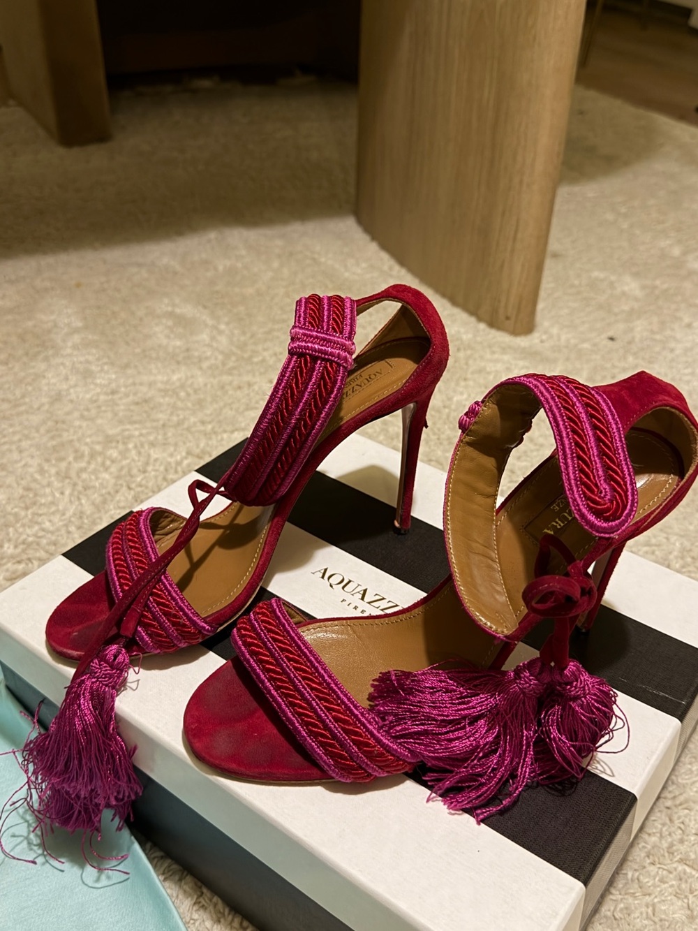 Aquazzura Fuchsia Suede Tassel Stiletto Sandals